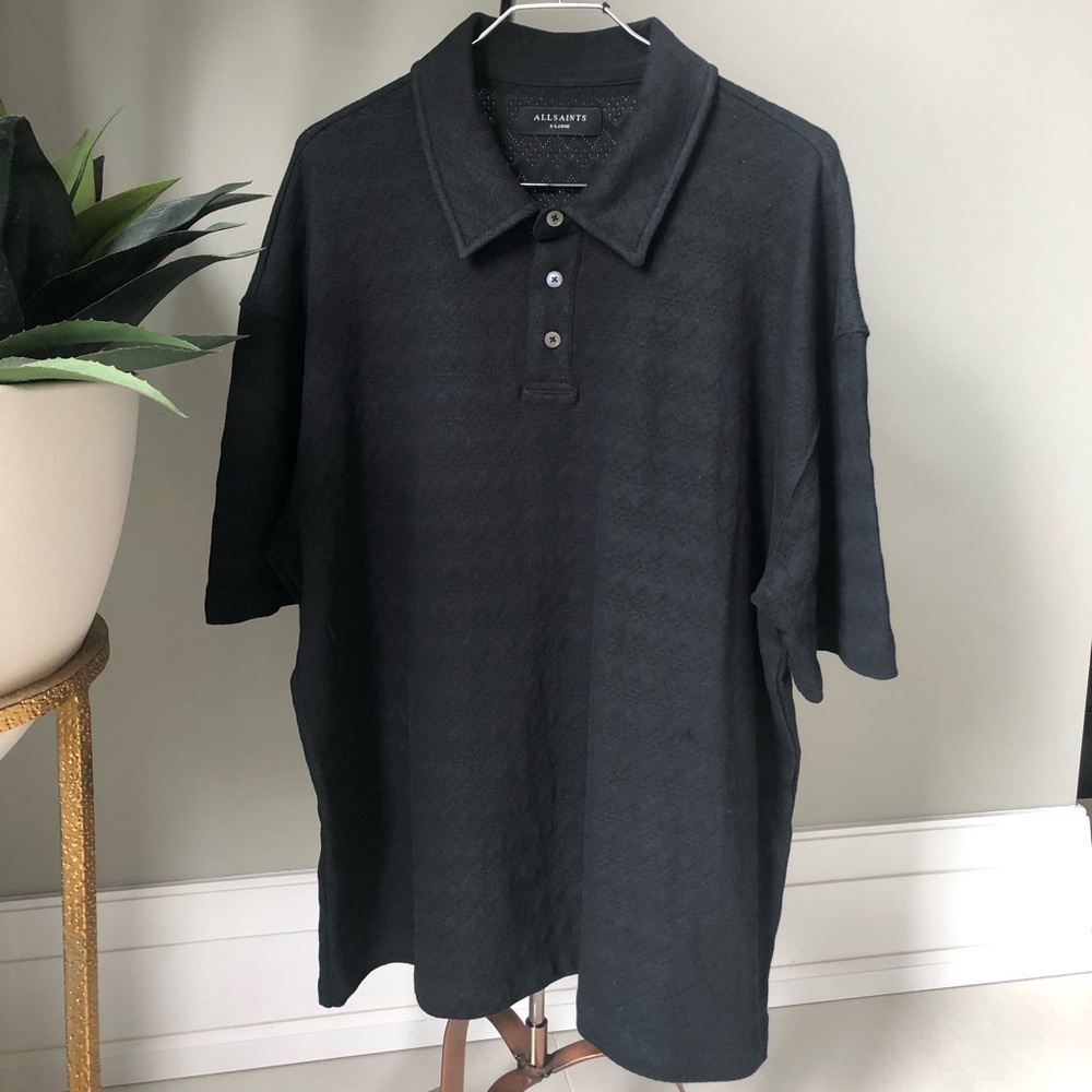 ALLSAINTS Rafa herringbone-weave oversized organic-cotton polo shirt Men XL EUC